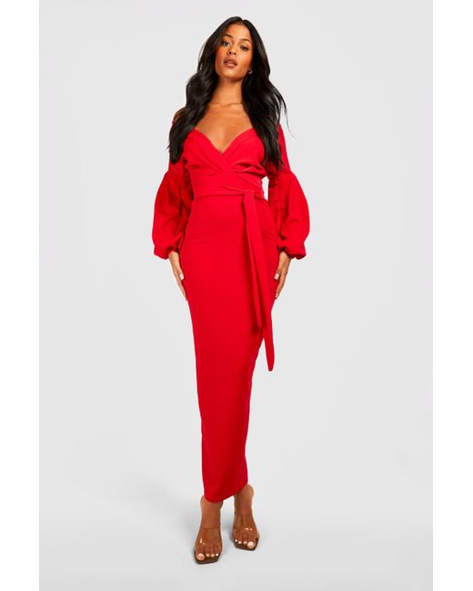 Boohoo Red Tall Off The Shoulder Wrap Maxi Bodycon Dress