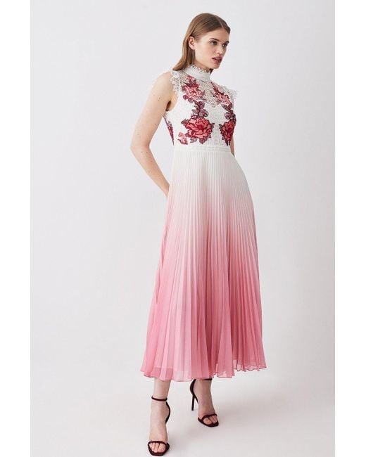 KarenMillen Pink Rose Guipure Lace Woven Pleat Skirt Midi Dress
