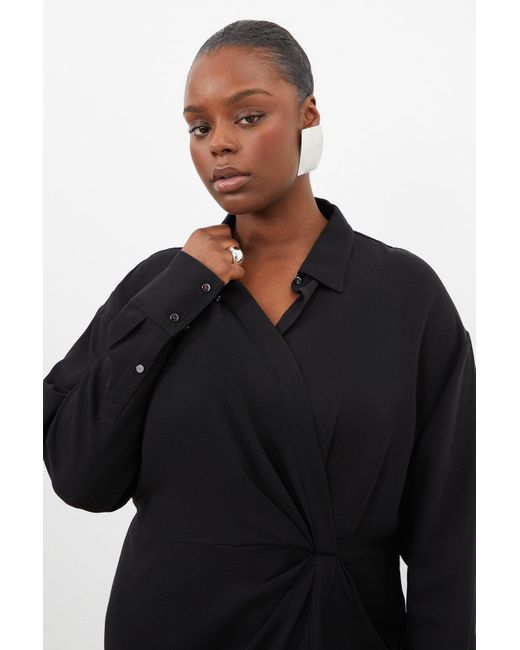 Karen Millen Black Plus Size Viscose Crepe Long Sleeve Woven Midi Shirt Dress