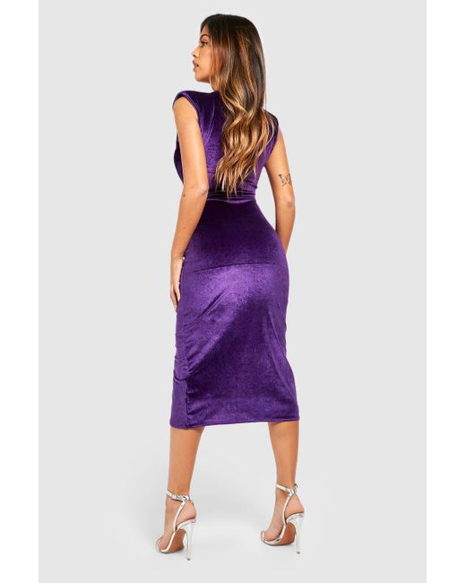 Boohoo Purple Velvet Shoulder Pad Ruched Midi Dress