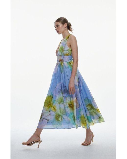 Karen Millen Blue Photographic Floral Sleeveless Silk Cotton Midi Dress