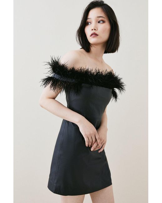 Karen Millen Black Leather Bardot Feather Mini Dress