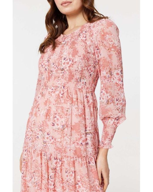 Izabel London Pink Floral Print Smocked Midi Dress