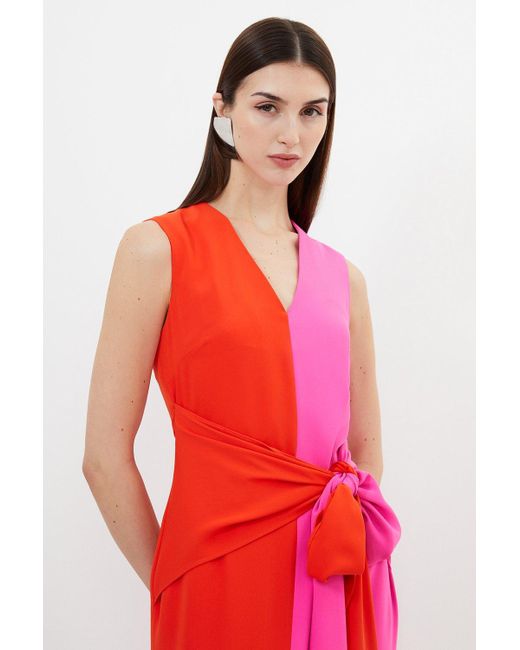 Karen Millen Pink Tall Soft Tailored Colourblock Belted Column Midaxi Dress