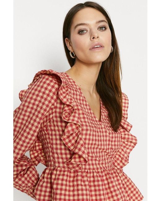 Oasis Red Check Ruffle Blouse