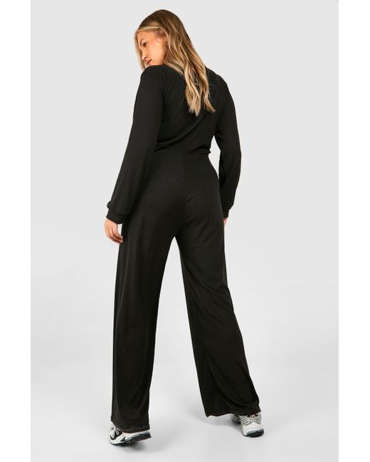 Boohoo Black Plus Soft Rib Collared Tie Belt Jumpsuit