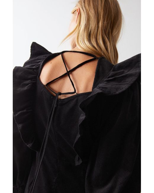 Warehouse Black Cord Ruffle Long Sleeve Smock Dress