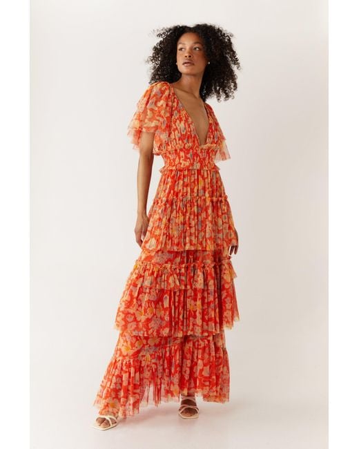 Warehouse Red Floral Printed Tulle Plunge V Neck Maxi Dress