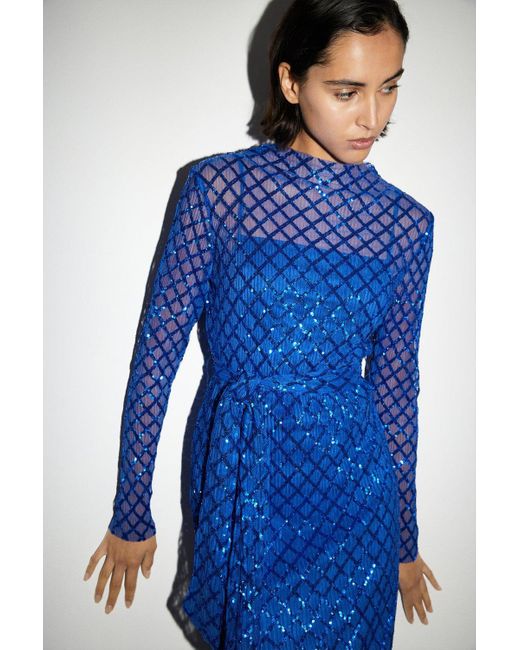 Warehouse Blue Petite Diamond Sequin Mesh Midi Dress