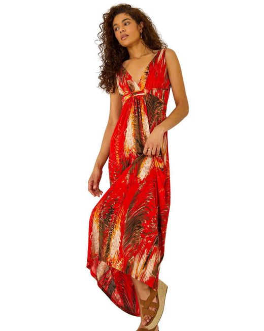 Roman Red Abstract Print Stretch Jersey Maxi Dress