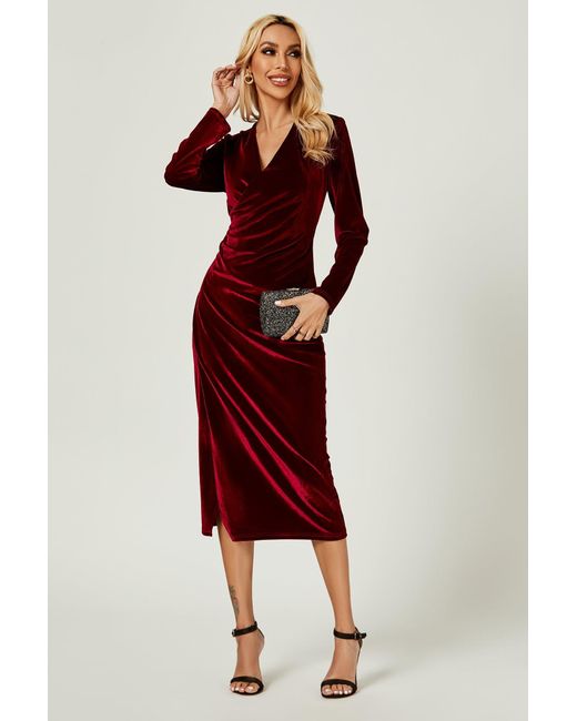 FS Collection Red Velvet Wrap Style Long Sleeve Midi Dress In Wine