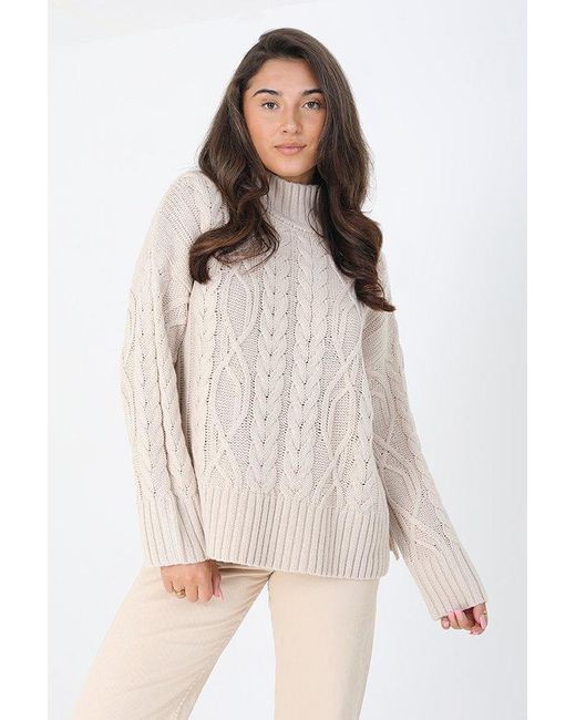 Brave Soul Natural 'bivaco' Roll Neck Cable Knit Jumper