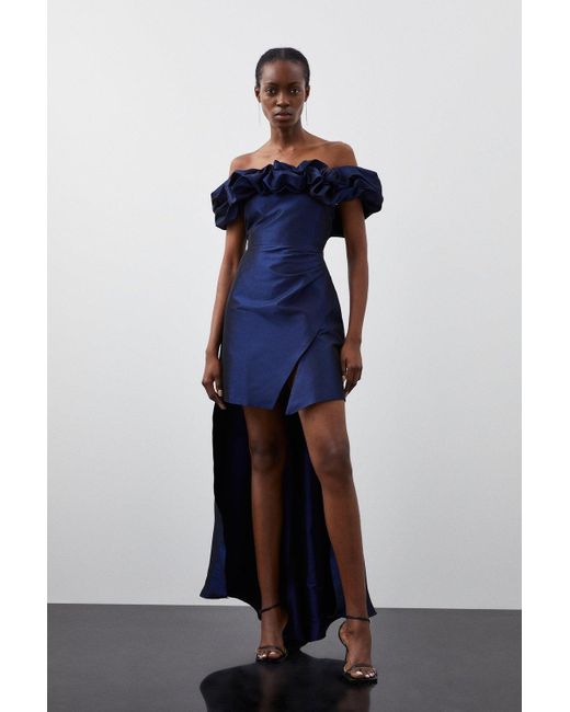 Karen Millen Blue Petite Metallic Off Shoulder High Low Tailored Mini Dress