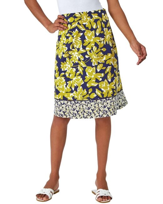 Roman Yellow Floral Cotton Blend Stretch Skirt