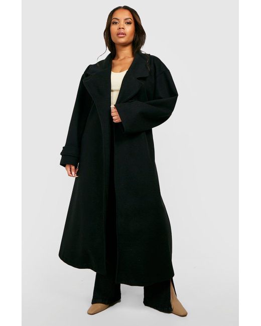 Boohoo Black Plus Wool Look Belted Trench Coat