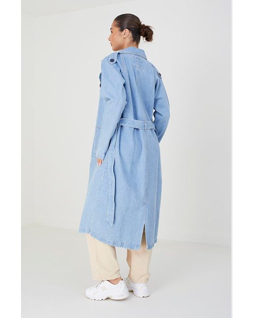 Brave Soul Blue Double-breasted Longline Trench Coat With Raglan Sleeves