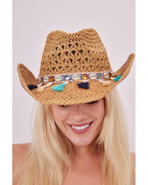 My Accessories London Natural Cowboy Hat With Faux Shell And Tassels Trim