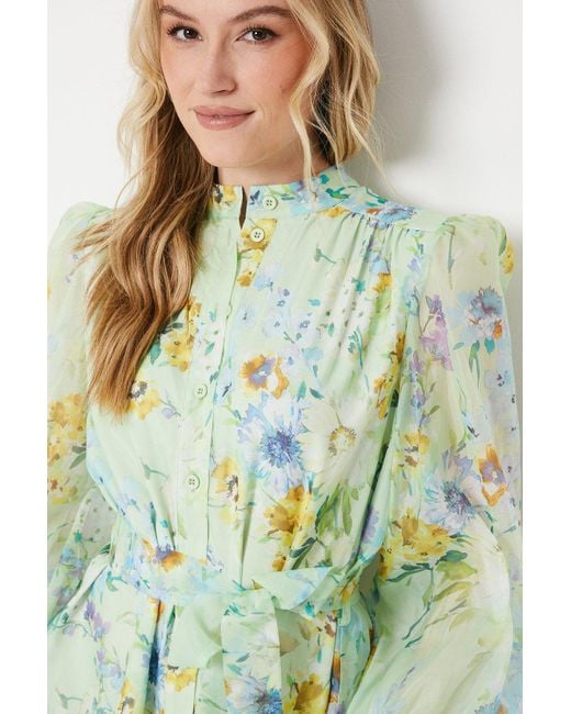 Oasis Green Organza Floral Mini Shirt Dress