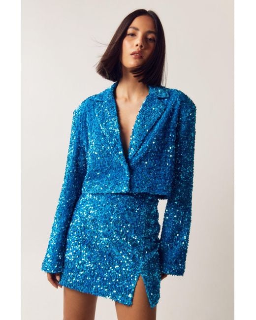Nasty Gal Blue Tailored Sequin Crop Blazer