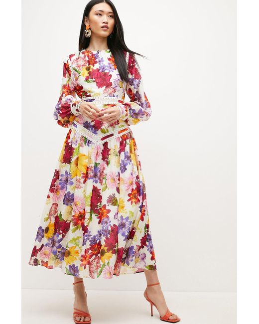 Karen Millen Red Silk Cotton Vibrant Floral Woven Midi Dress