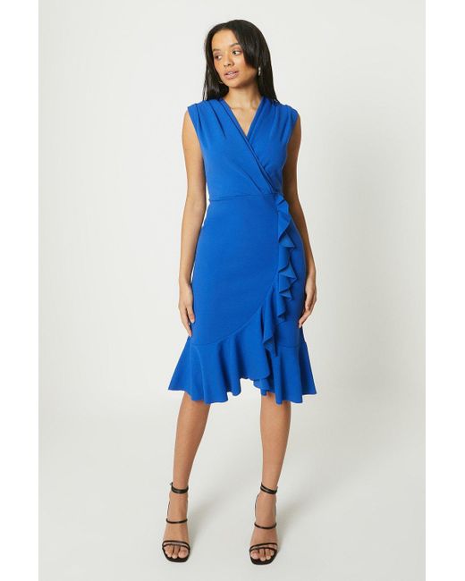 Debut London Blue Cobalt Ruffle Crepe Midi Dress