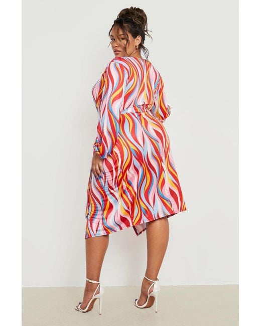 Boohoo Red Plus Printed Slinky Stripe Wrap Midi Dress