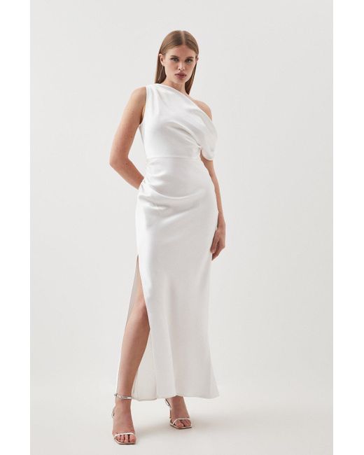 Karen Millen White Heavy Satin One Shoulder Woven Maxi Dress