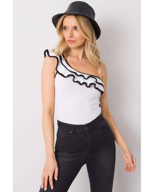 KDMD White Asymmetrical Neckline Frill Trim Top Style 167525
