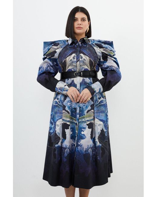Karen Millen Blue Plus Size Mirrored Floral Cotton Midi Dress