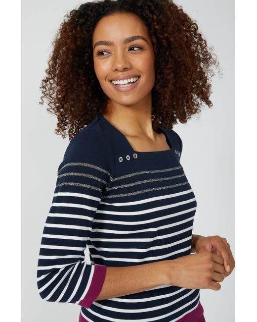 MAINE Blue Plain Yoke Metallic Placement Stripe Top