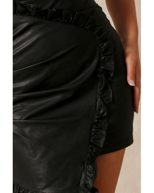 MissPap Black Leather Look Frill Detail Asymetric Mini Skirt