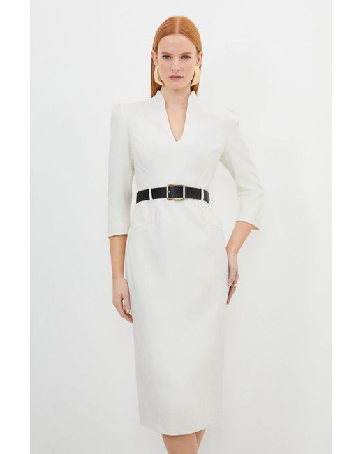 Karen Millen White Tailored Structured Crepe High Neck Belted Pencil Dress