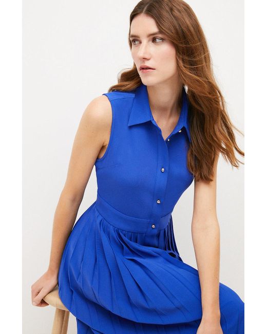 Karen Millen Blue Soft Tailored Pleated Sleeveless Shirt Midi Dress
