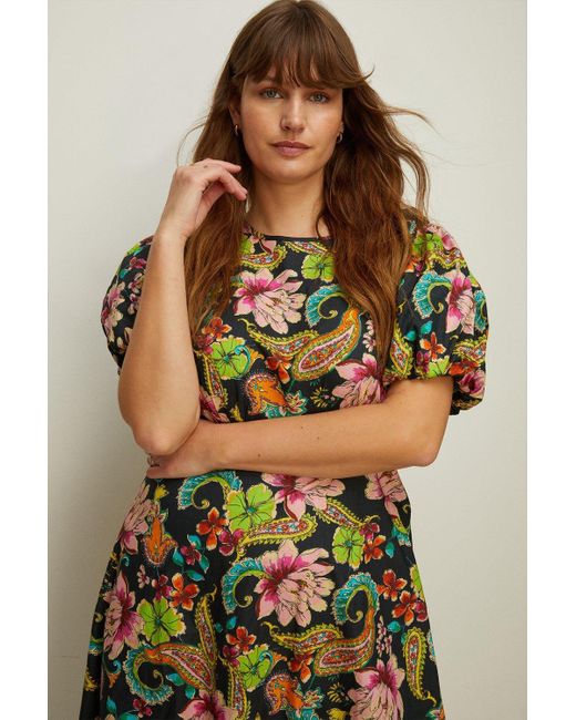 Oasis Green Curve Carnival Printed Puff Sleeve Dress