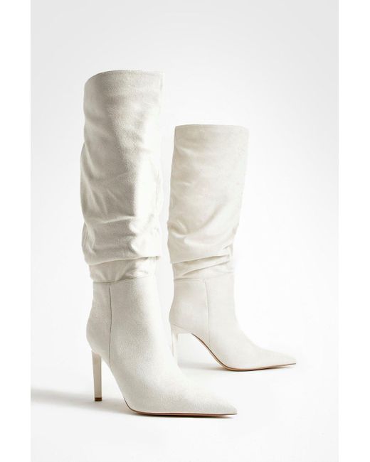 Boohoo White Ruched Stiletto Pointed Toe Boots
