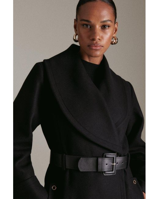 Karen Millen Black Italian Wool Shawl Collar Belted Coat