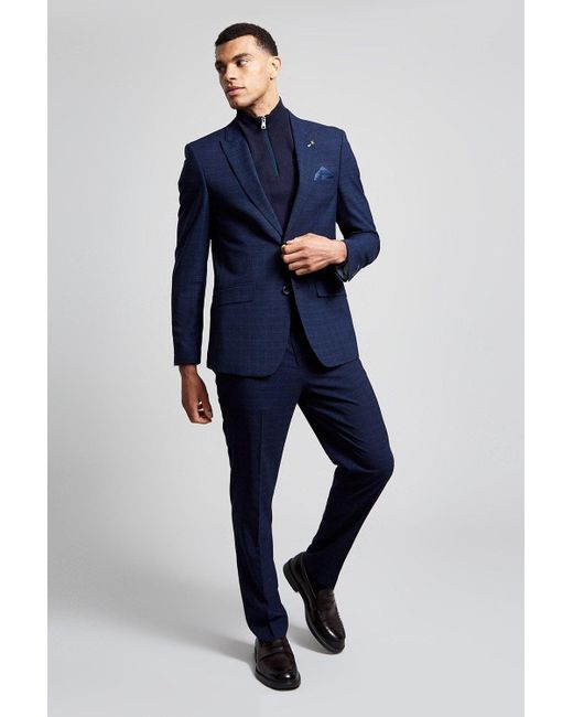 Burton Blue Slim Fit Navy Tonal Grindle Suit Trousers for men
