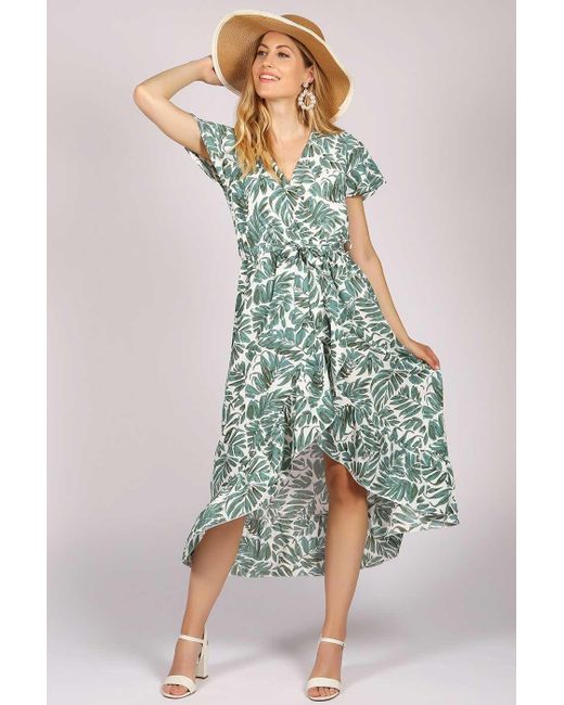 Tenki Green Ruffle Wrap Leaf Print Maxi Dress