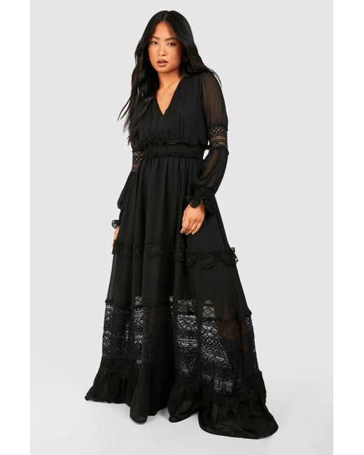 Boohoo Black Petite Boho Lace Detail Tierred Maxi Dress