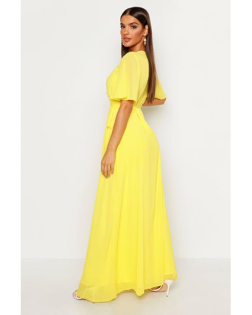 Boohoo Yellow Chiffon Angel Sleeve Wrap Maxi Bridesmaid Dress