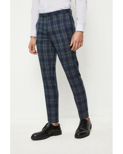 Burton Blue Skinny Fit Navy Green Check Suit Trousers for men