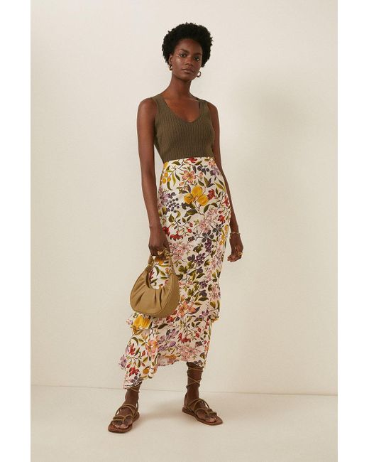 Oasis Brown Ivory Printed Midi Skirt