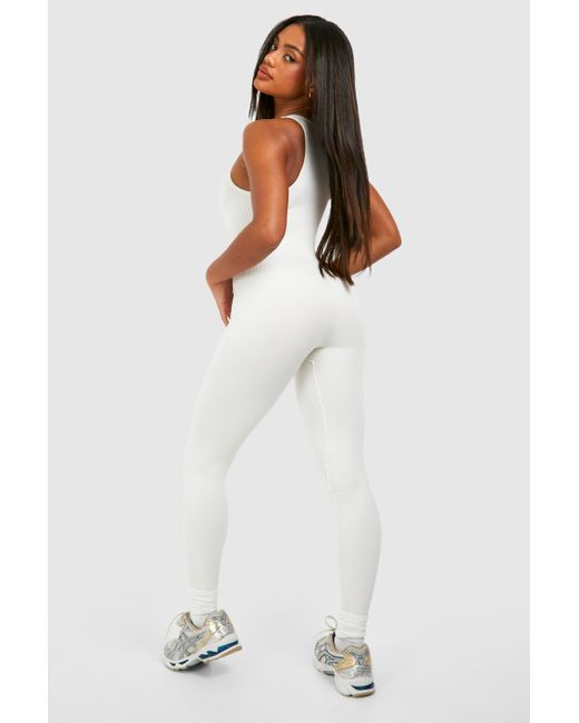 Boohoo White Contour Seamless Rib Zip Sleeveless Unitard Jumpsuit