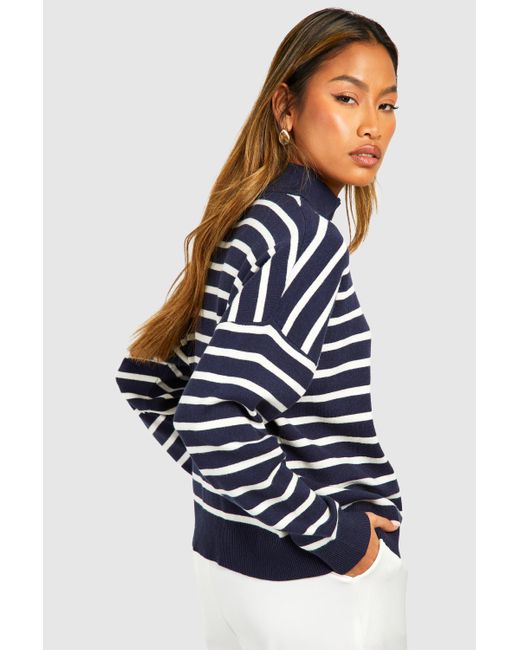 Boohoo Blue Half Zip Stripe Sweater