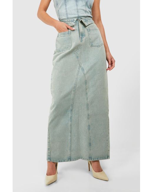 Boohoo Foldover Waistband Pocket Detail Denim Maxi Skirt in Blue