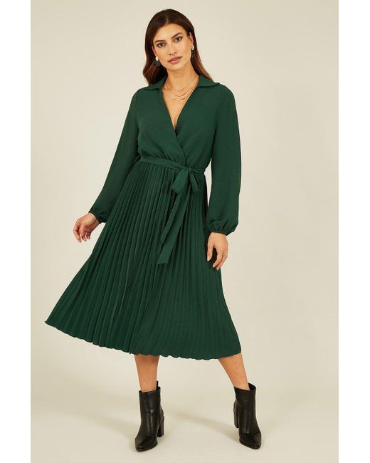 Mela Green Long Sleeve Wrap Pleated Midi Dress