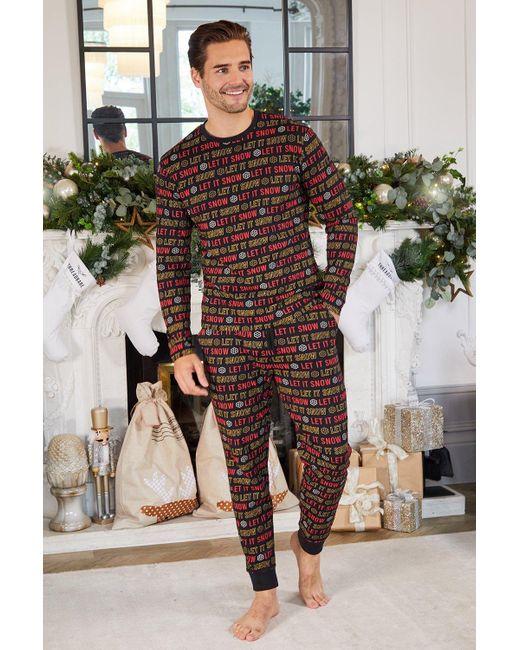 Threadbare Black 'let It Snow' Festive Cotton Pyjama Set for men