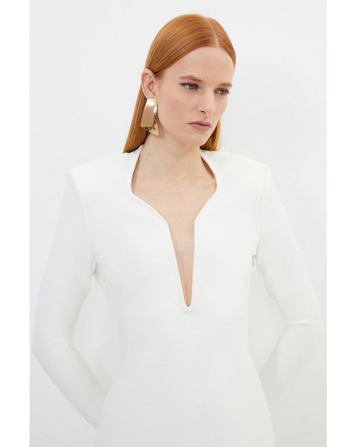 Karen Millen White Petite Figure Form Bandage Plunge Neck Knit Mini Dress