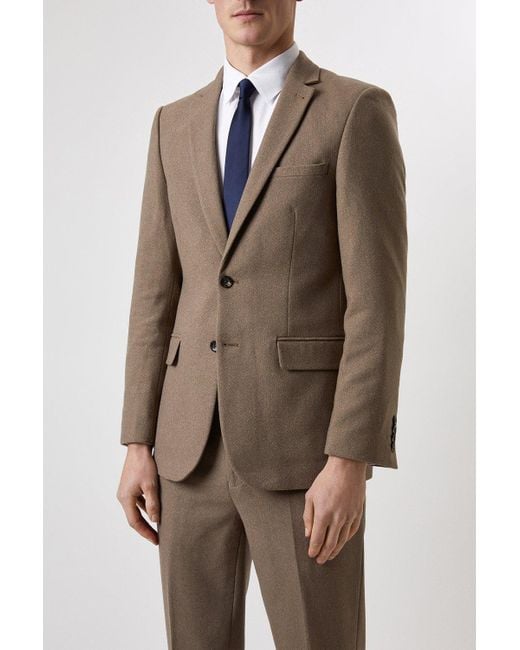 Burton Brown Slim Neutral Herringbone Tweed Suit Jacket for men