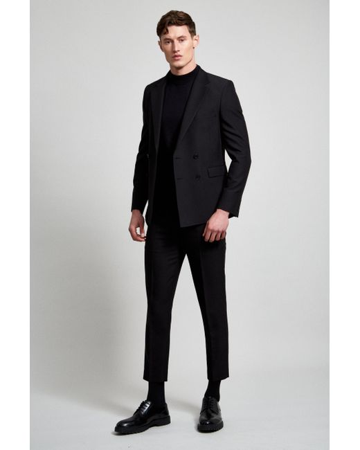 Burton Blue Black Super Skinny Bi-stretch Double Breasted Suit Jacket for men